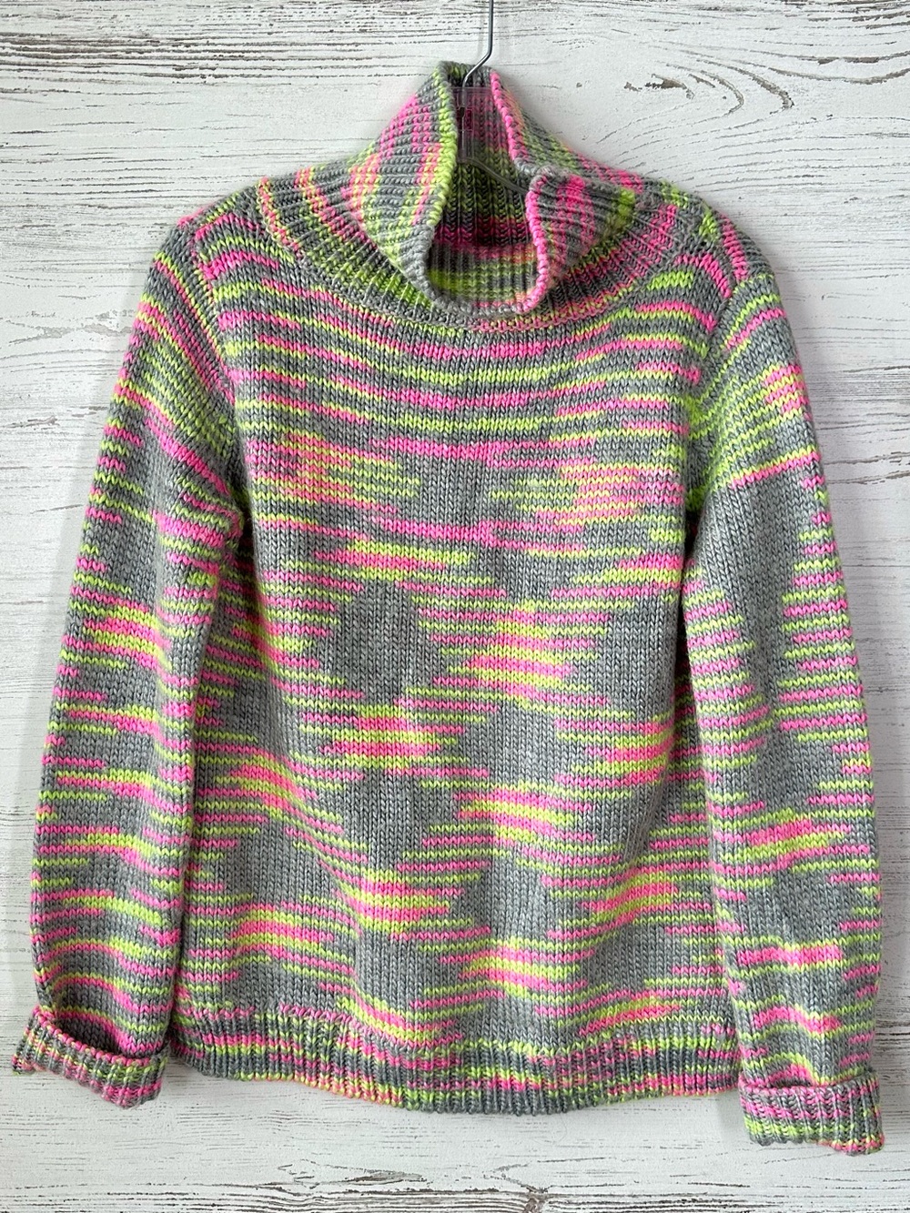 525 AMERICA REVOLVE Chunky Knit Mock Neck Sweater Neon Pink Green Gray Small